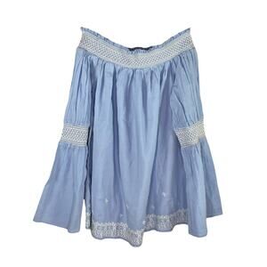Miss Selfridge Blue Boho Embroidered Off-The-Shoulder Top 2 Bell Sleeves NWT